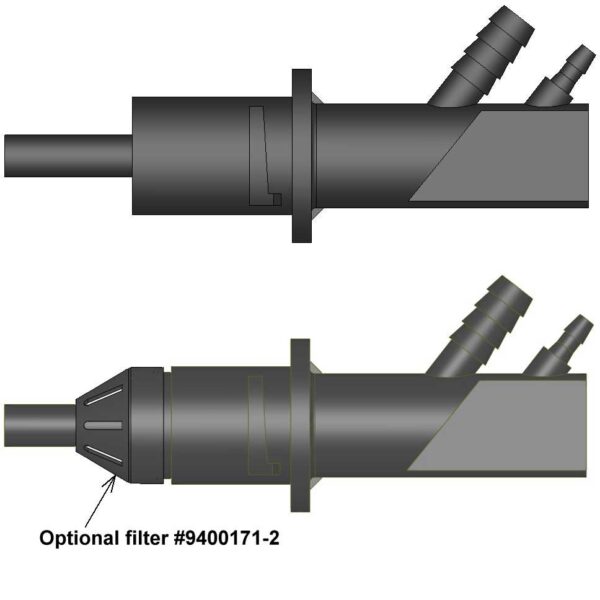 Model 9400171 battery formation fitting shown with and without the optional filter.
