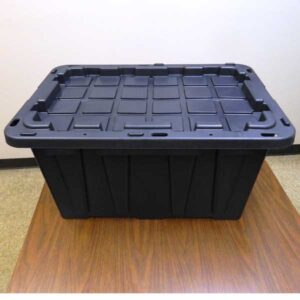 Stackable 27-gallon tote with snap-on lid with holes for padlocks or zip-ties.