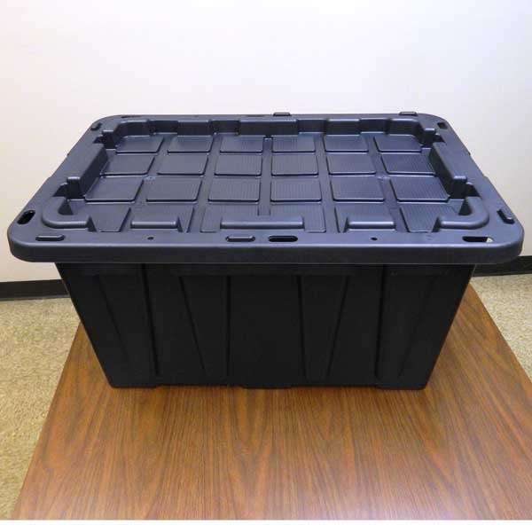 Stackable 27-gallon tote with snap-on lid with holes for padlocks or zip-ties.