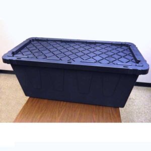 Stackable 55-gallon tote with snap-on lid with holes for padlocks or zip-ties.