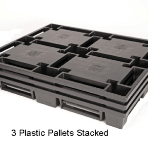 Plastic pallets stacked to show how telescoping feature saves space.