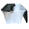 Front view of 15-Gallon clear storage bin with one lid open.