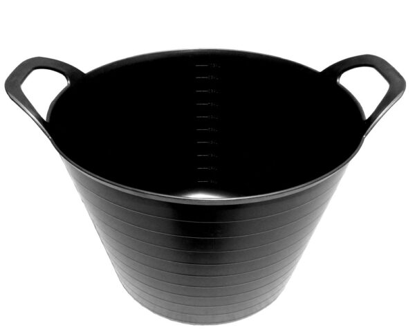 10 Gallon Black Plastic Bucket side view.
